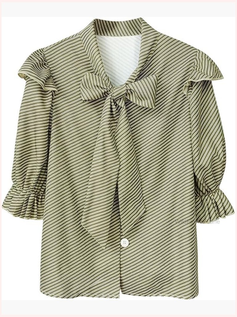 Striped Bow Blouse Ruffle Puff Sleeve Button Down Shirt Work Office T